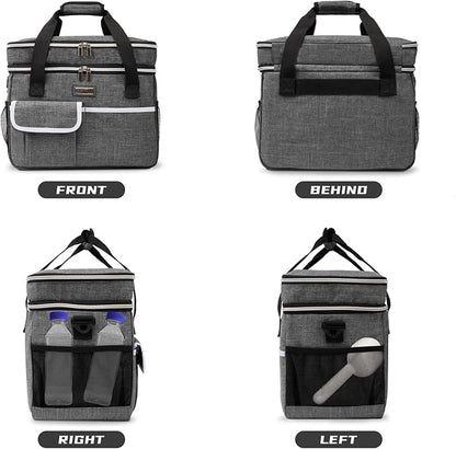 BAGLHER Dog Travel Bag for Supplies - Double-Layer Airline Approved Weekend Pet Travel Organizer Set for Dog and Cat Tote with 2 Pet Food Containers and 2 Collapsible Silicone Bowls Grey
