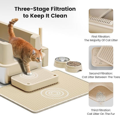 Stainless Steel Cat Litter Box - Enclosed XL Metal Kitty Litter Box with Lid for Big Cats, High Sided, Anti-Leakage, Easy Cleaning, Non-Sticky, Included Spoon & Aisle (Khaki)