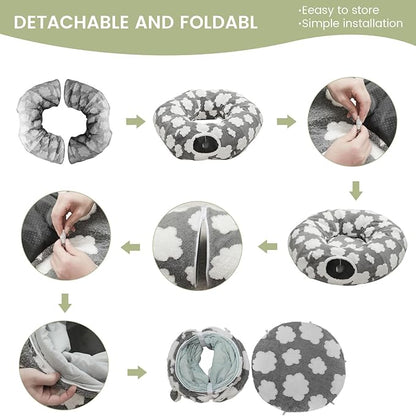 Cat Tunnel Bed for Indoor Cats,Soft Peekaboo Cave Cat Donut Tunnel with Washable Circle Cushion Central Mat, 3 Ways Shaped Round Pet Play Tunnel Toy for Kitten Puppy Rabbit Ferret Yellow