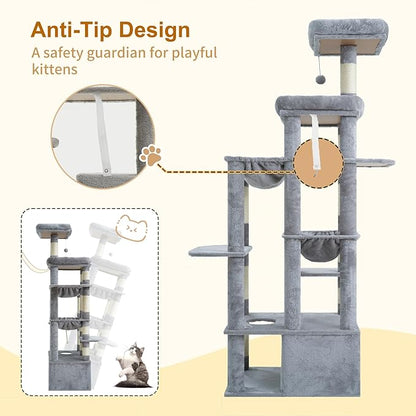 Heybly Heavy Duty Cat Tree, 71-Inch Tall Tower for Large Maine Coon with Extra-Large Baseboard, Cat Condo Furniture with Multi-Level Platforms, 2 Hammocks and 12 Scratching Posts, Light Gray HCT037W