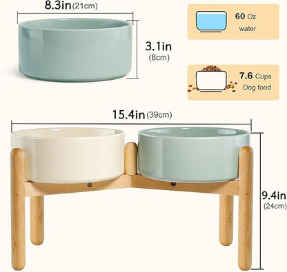 Wordcam Raised Ceramic Dog Bowls with Stand,Elevated Dog Dish, Pet Food and Water Feeder Set for Large Sized Dogs(9.4''High-60 Oz-7.6 Cups)