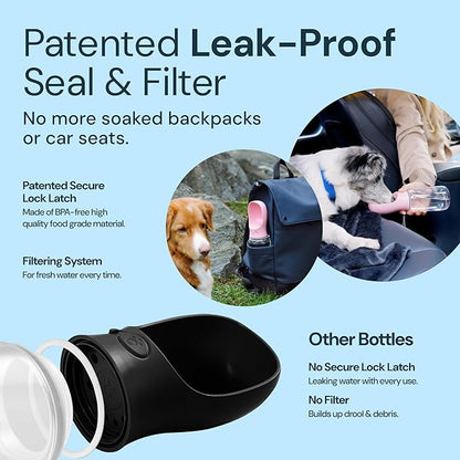 MalsiPree Dog Water Bottle - 19 Oz, Black, BPA-Free Stainless Steel - Portable & Lightweight Water Dispenser with Bowl for Dogs - Leak-Proof & No-Waste Design for Travel