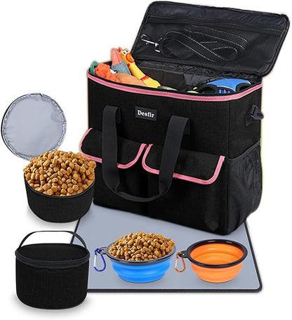 Large Pet Travel Bag Organizer - Dog & Cat Tote with Food Containers, Bowls, Feeding Mat, Perfect for Camping, Hiking (Multi-Pocket Design)