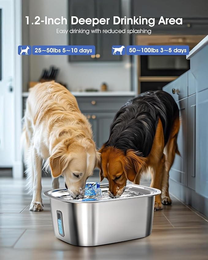 Dog Water Fountain for Large Dogs - 3 Gallon Stainless Steel Dog Water Bowl Dispenser with 4 Filters, Automatic Big Extra Large Capacity Pet Water Fountain, Easy Clean with Quiet Pump