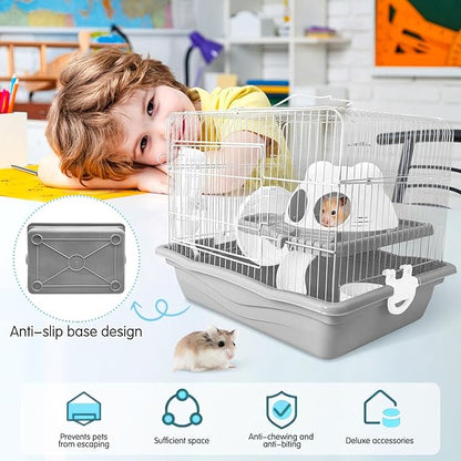PINVNBY Dwarf Hamster Cage, Small Animal Cages, 2-Tier Travel Portable Mouse Cage Hamster Carrier with Castle House Running Exercise Wheels, Water Bottle and Food Dis（Gray）