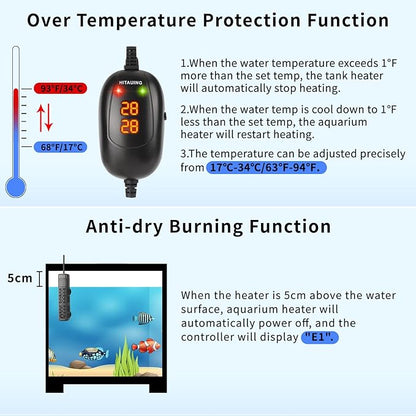 HiTauing Aquarium Heater, 50W/100W/200W/300W/500W Submersible Fish Tank Heater with Over-Temperature Protection and Automatic Power-Off When Leaving Water for Saltwater and Freshwater