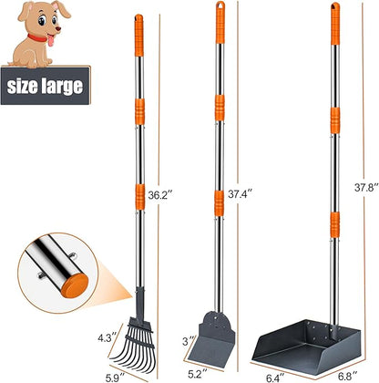 Niubya Pooper Scooper for Dogs, Metal Poop Scooper Tray Spade and Rake Set, Poop Scoop with Adjustable Long Handle, Dog Pooper Scooper for Pet Waste Removal