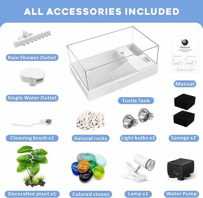GOZILLA Large Turtle Tank Kit+Water Pump+Lamp, Acrylic Turtle Tank Starter Kit with Adjustable 5W Water Pump and Timing/Dimming Lamp, Multi-Functional Area for Small/Medium Turtles(Large-White Kit).