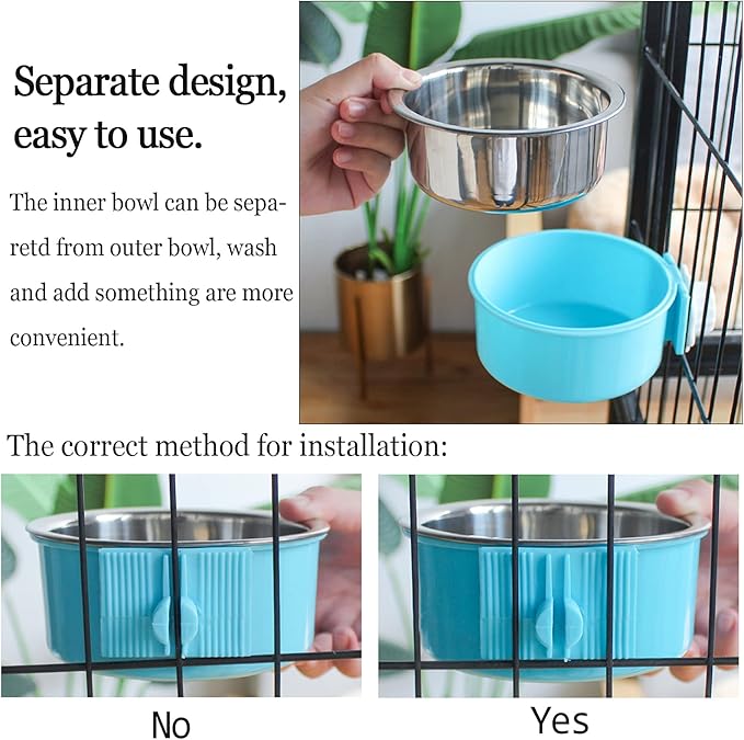 kathson Crate Dog Bowl, Removable Stainless Steel Hanging Pet Cage Bowl Food & Water Feeder Coop Cup for Cat, Puppy, Birds, Rats, Guinea Pigs 2pcs(Green,Pink)