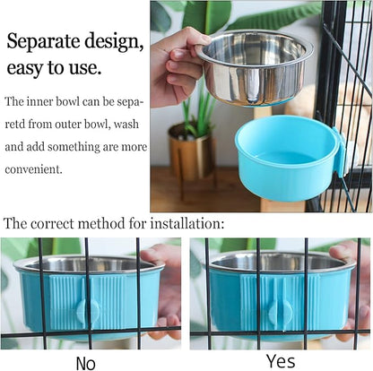 kathson Crate Dog Bowl, Removable Stainless Steel Hanging Pet Cage Bowl Food & Water Feeder Coop Cup for Cat, Puppy, Birds, Rats, Guinea Pigs 2pcs(Green,Pink)
