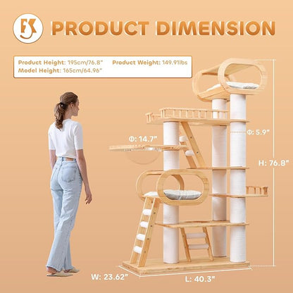 76.8'' Modern Cat Tree for Indoor Cats, Tall Wooden Cat Tower for Home Decoration, Multi-Level Tower with Transparent Cat Bed, Huge Cat Condo for Multi-Cat Families