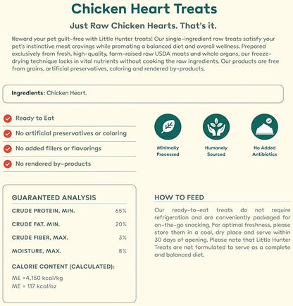 Little Hunter Freeze Dried Dog Treats - Chicken Hearts - Raw Single Ingredient Chicken Heart Dog Treats for Snacks, Training, Dog Food Toppers - All Natural, Healthy Dog & Puppy Treats, 2 oz