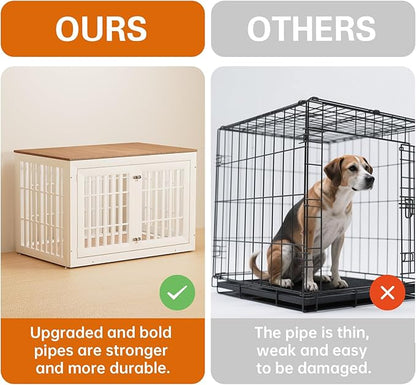 48" Heavy Duty Dog Crate Furniture for Small,Medium and Large Dogs,Rustic Wooden Dog Cage Kennel Indoor Furniture with Waterproof Top,Decorative Pet House Side End Table (White & Wood)