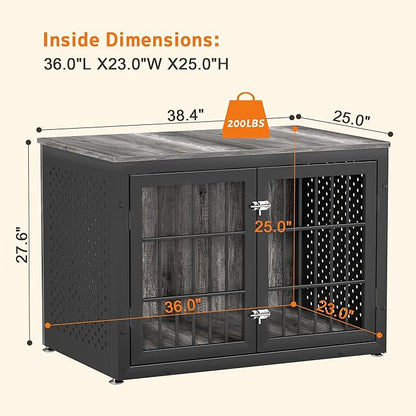 38" Heavy Duty Dog Crate Furniture for Large and Medium Dogs,Wooden Metal Kennel for High Anxiety Dogs, Chew Proof Cage Indoor, Decorative Kennel End Table