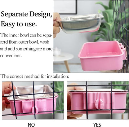 kathson Crate Dog Bowl, Removable Stainless Steel Hanging Pet Kennel Cage Bowl Food & Water Feeder Coop Cup for Puppy, Cat, Rabbit,Guinea Pigs 3pcs Square(Blue,Green,Pink)