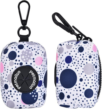 Petmolico Dog Poop Bag Holder Leash Attachment, Dog Waste Bag Dispenser Zippered Pouch, Fits Any Dog Leash, Includes Free Roll of Dog Bags, Poop Bag Dispenser - 2 Pack, Blue Dots