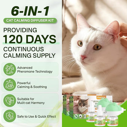 Cat 6-in-1 Calming Diffuser + Multivitamin 500 Chews for Cats – Stress Relief, Immune, Skin & Coat, Digestion, Brain & Bone Health for All Cats, 2 Diffusers + 4 Refills