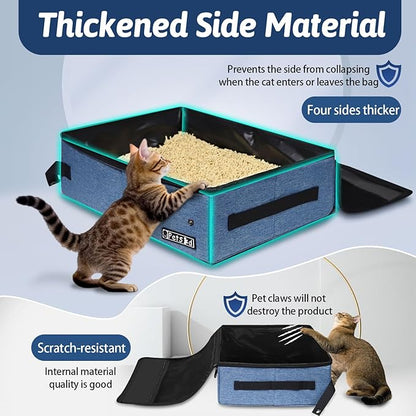 Petskd Portable Cat Travel Litter Box with Lid and 10 pcs Disposable Liner Bags, Leak-Proof and Collapsible, Cat Travel Essentials for Car, Hotel, Airplane and Other Outdoor Use(Blue)