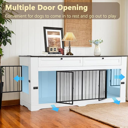 Large Dog Crate Furniture-Decorative Heavy Duty Dog Cage Indoor, Wooden Dog Cage End Table with Charging Station, Dog House with 2 Drawers (White, 70.86''L)