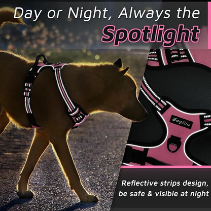 Eagloo Dog Harness Medium Sized Dog, No Pull Service Vest with Reflective Strips and Control Handle, Adjustable and Comfortable for Walking, No Choke Pet Harness with 2 Metal Rings, Pink, M