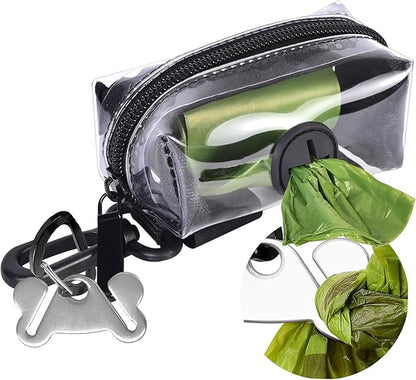 Clear Metal Dog Waste Bag Dispenser & Holder - Portable, 1 Hand Free, Fits Leash Accessory, Set Includes Dog Poop Bags