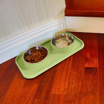 Cat Food Bowls, Cat Bowls Non-Skid and Non-Spill Silicone Pads with PP Stand, Removable Stainless Steel Food and Water Dishes for Cats, Small Size Dogs