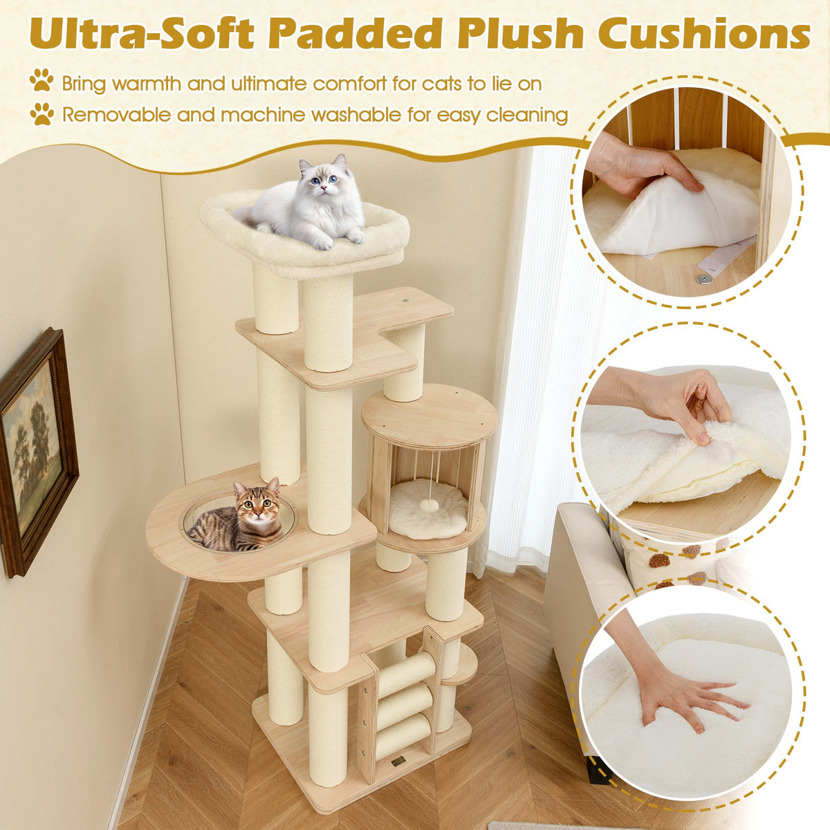71 Inch Tall Cat Tree Wooden Cat Tower with Cozy Perch Condo Space Capsule-Natural
