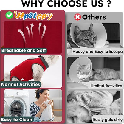 Cat Recovery Suit After Surgery, Breathable Cat Surgery Recovery Suit for Spay Abdominal Wounds or Skin Diseases, E-Collar Alternative Wear for Small Male Female Pets (Red,L)