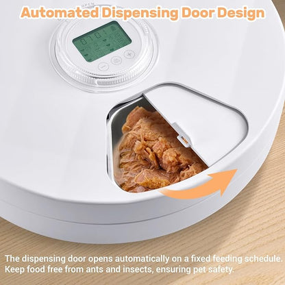 Automatic Cat Feeder Wet Food, Battery Operated Auto Feeder with 2 Ice Packs, Digital Cordless Pet Fresh Food Bowl with Timer and Memory Function for Cats Small Dogs (6-Meal Stainless Steel)