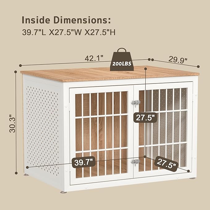 42" Heavy Duty Dog Crate Furniture for Large Dogs, Metal Kennel for High Anxiety Dogs, White Wooden Cage Furniture Indoor, Decorative Dog Kennel End Table, XL
