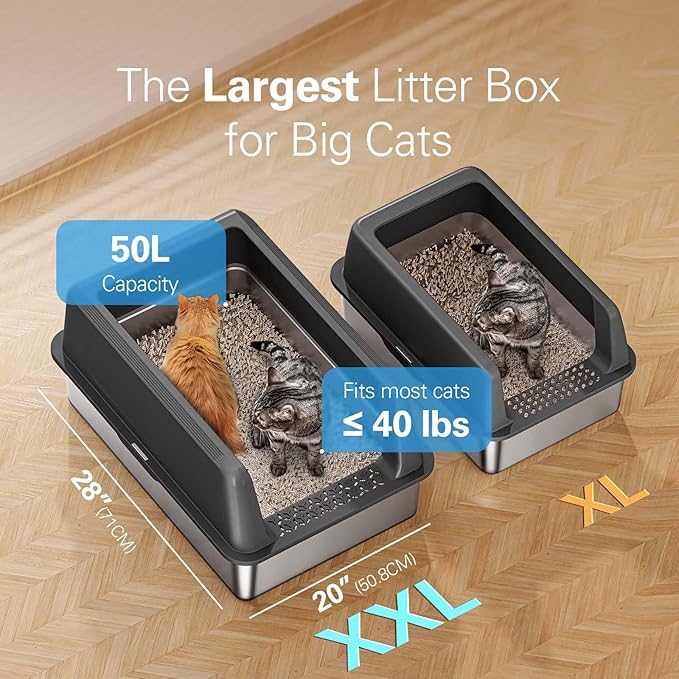 Zarler XXL Stainless Steel Litter Box, Extra Large Cat Litter Boxes 27.8" L x 20" W x 12.9" H, Metal Litter Box with Lid for Multiple Cats, High Sided, Non-Sticky, Anti-Urine Leakage (Grey)