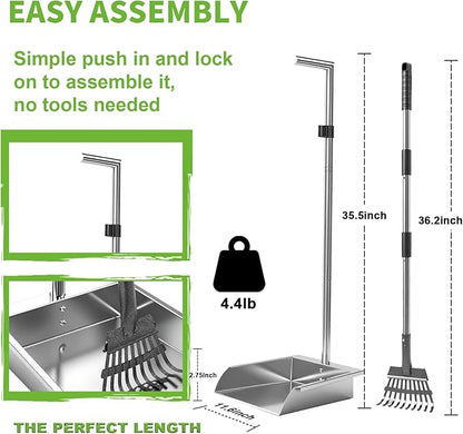 Heavy Duty Metal Pooper Scooper, Dog Pooper Scooper for Large Medium Dogs Long Handle Stainless Tray and Rake Set，Extremely Durable Metal Stainless Steel Dustpan for Indoor Outdoor Cleaning 。