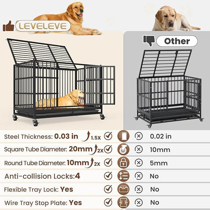 LEVELEVE 54 Inch Heavy Duty Indestructible Dog Crates for Large Dogs，Escape Proof Dog Cage Large Dogs with Lockable Wheels，Dog Kennel Furniture Indoor&Outside