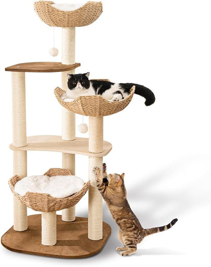 Big Modern Design Cat Tree Tower with White Cloud Mat, Unique Cat Supplies Tower with Scratching Post, Cute Wood Cat Tree Cat Furniture Activity Centre for Indoor Big Cats