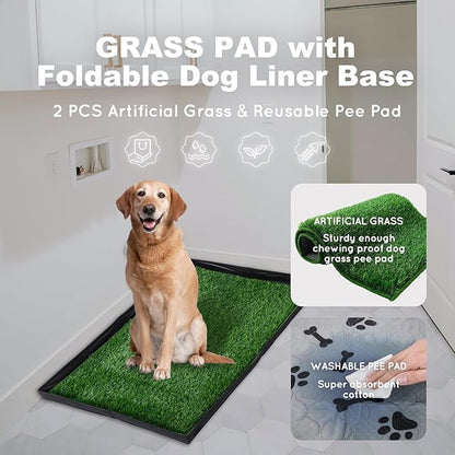Dog Grass Pad with Foldable Dog Litter Box,Extra Large Liner Base for Balcony，Ultra-Absorbent Artificial Grass Pads for Dogs Pee Pad Holder, Potty Training, 2 PCS Reusable Pee Pad