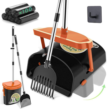 UPSKY Dog Pooper Scooper Swivel Bin & Rake Kit with 100 Waste Bags,33.4" Stainless Steel Long Handle Heavy Duty Pet Poop Shovel for Large Medium Small Dogs, Odor-Proof Lid for Yard/Lawn/Outdoor Use