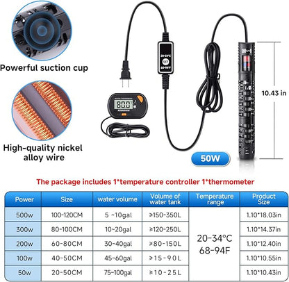 Aquarium Heater Submersible Fish Tank 50W& Turtle Tank Heater with External Adjustment Controller, Included Thermometer, LED Display, Overheat Protection, Detachable Cover, for Saltwater&Freshwater