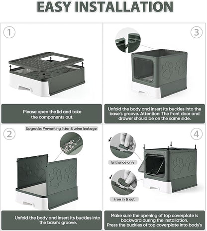 Cat Litter Box with X-Large Litter Mat and Scoop, Large Foldable Litter Box with Lid, Enclosed Kitty Box,Front Top Entry Exit, Odor Control Easy to Clean (Upgrade Olive Green)