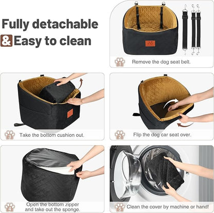 Dog Car Seat for Small Medium Dogs, Memory Foam Booster Car Seat for Dogs up to 35 lbs, Elevated Pet Car Seat, Travel Bed with Washable Removable Cover and Storage Pockets (Black/Coffee)
