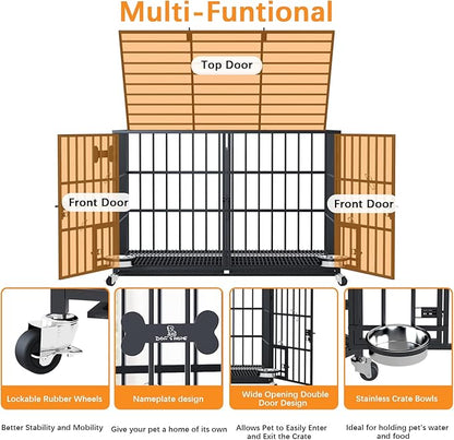 aboxoo 48 inch Stackable Heavy Duty Metal Dog Crate for 4 Dogs/Large Dog,All Metal Open Top Access,Escape Proof Cage,Dog Kennel Indoor with Wheels,Floor Grid, Tray, Divider and Feeding Bowl