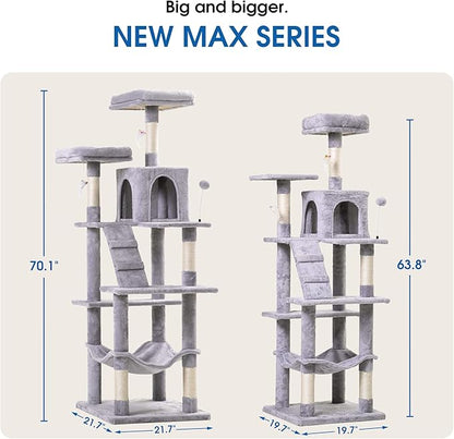 MWPO 70.1-Inch Large Cat Tree, Multi-Level Tall Cat Tower for Indoor Cats, Plush Cat Condo with Big Padded Perches, Sisal-Covered Scratching Posts, Hammock, Toys for Kittens & Cats - Light Grey