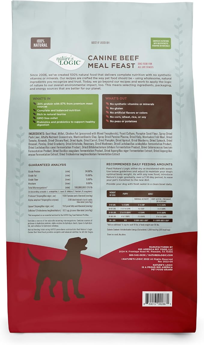 NATURE'S LOGIC Dry Dog Food - 100% Natural - No Synthetics - for All Ages, Sizes, Breeds - Free from Common Allergens, High Protein - Beef Meal Feast, 25lbs