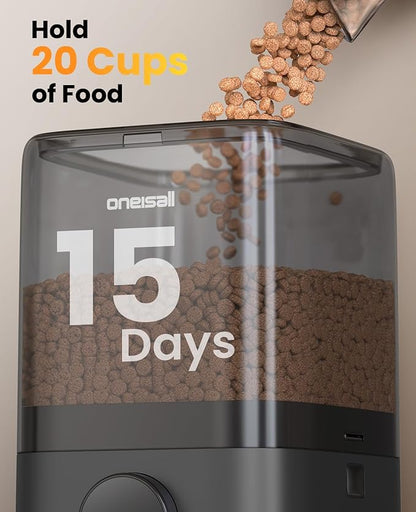 oneisall Wireless WiFi Automatic Cat Feeders 2 Cat, Rechargeable 100-Day Battery Operated Timed Cats Feeder, 20 Cups/5L Cats Food Dispenser Automatic for Large Kibble, Smart App Control.