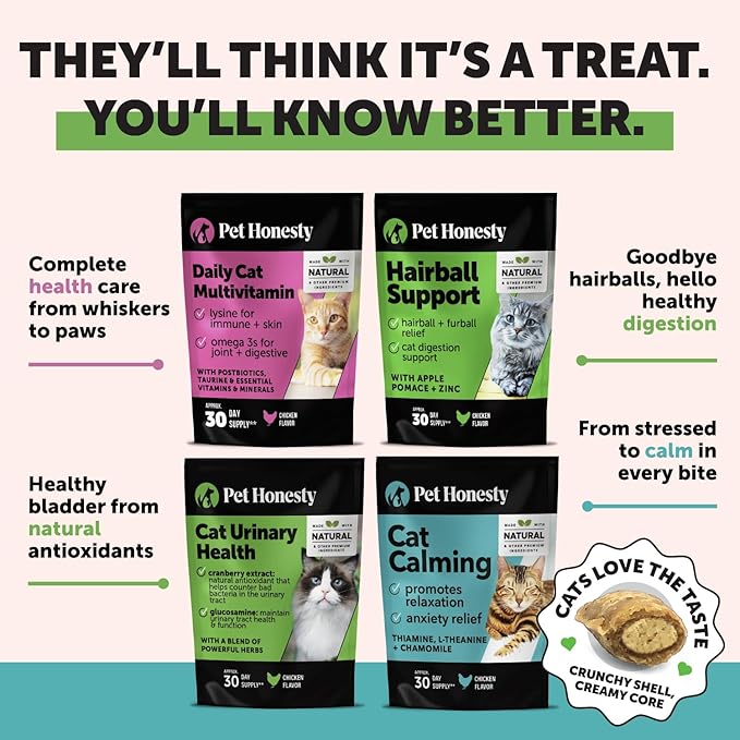 Cat Multivitamin Crunchy & Creamy Chews - Cat Treats for Health + Immune, Joint Support, Skin & Coat, & Digestion - Vitamins with Omega 3s, Lysine & Probiotics (30 Day Supply)