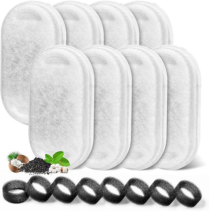 Cat Water Fountain Filter, Filters Replacement for 108Oz/3.2L&67Oz/2L&135Oz/4L Stainless Steel Pet Water Drinking Fountain, Dog Indoor Water Dispenser Fountain Carbon Filter (8 Filters & 8 Sponges)