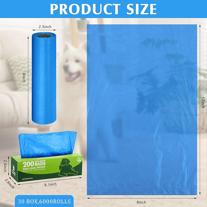 Harloon 6000 Counts Dog Poop Waste Bags 30 Rolls Extra Thick Strong Leak PET Proof Bags Disposable Bulk Universal Doggy Roll Waste Box for Puppy Outdoor Walking Travel(Bule,12 x 8 Inches)