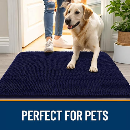 OLANLY Dog Door Mat Set 4-Piece 24x16, Absorbs Moisture and Dirt, Absorbent Non-Slip Washable Doormat, Quick Dry Chenille Mud Mat for Dogs, Entry Indoor Entryway Carpet for Inside Floor, Navy Blue