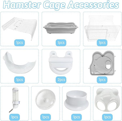 PINVNBY Dwarf Hamster Cage, Small Animal Cages, 2-Tier Travel Portable Mouse Cage Hamster Carrier with Castle House Running Exercise Wheels, Water Bottle and Food Dis（Gray）