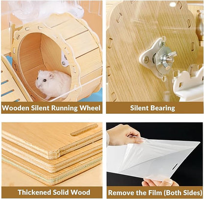 Cycodo 8 in 1 Acrylic Hamster Cage,2-Tier Dwarf Hamster Cage with Wooden Wheel & Hideout,Small Hamster Habitat with Accessories,Clear Pet Mice House(Blue,14" L*10" W*11" H)