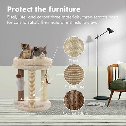 MECOOL 4in1 Small Cat Tree,Scratching Post with Tower Soft Bed, Sisal Carpet Jute Posts with Three Hanging Ball Toys and Massage Brush for Indoor Cats and Kittens